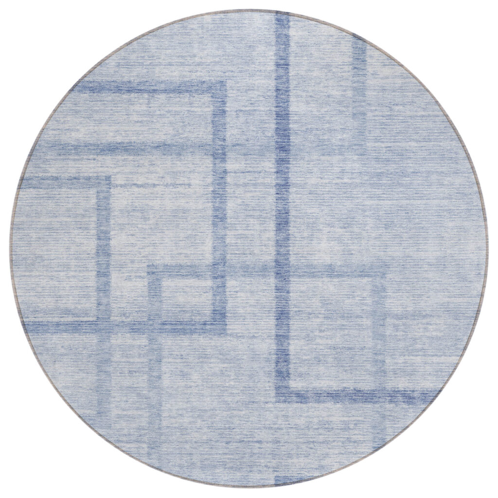 8' Sky Blue And Denim Blue Round Geometric Washable Indoor Outdoor Area Rug
