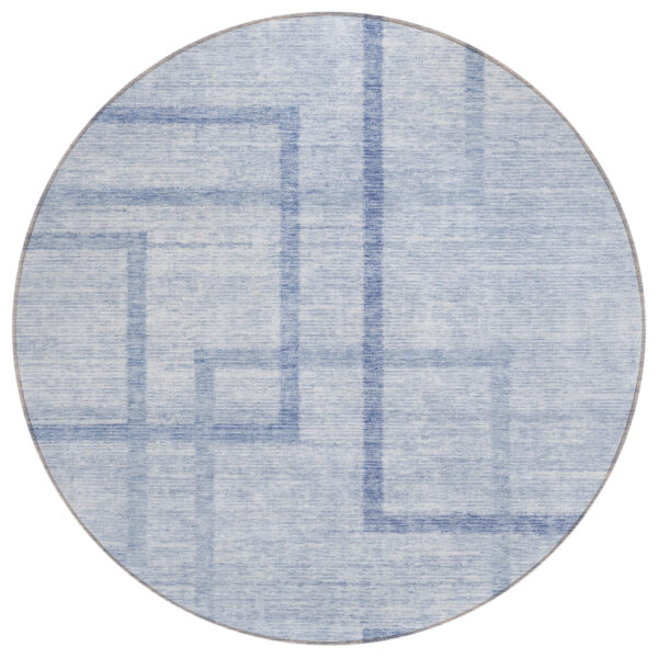 8' Sky Blue And Denim Blue Round Geometric Washable Indoor Outdoor Area Rug