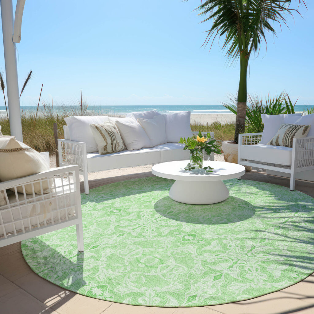 8' Lime Green And Green Round Medallion Washable Indoor Outdoor Area Rug