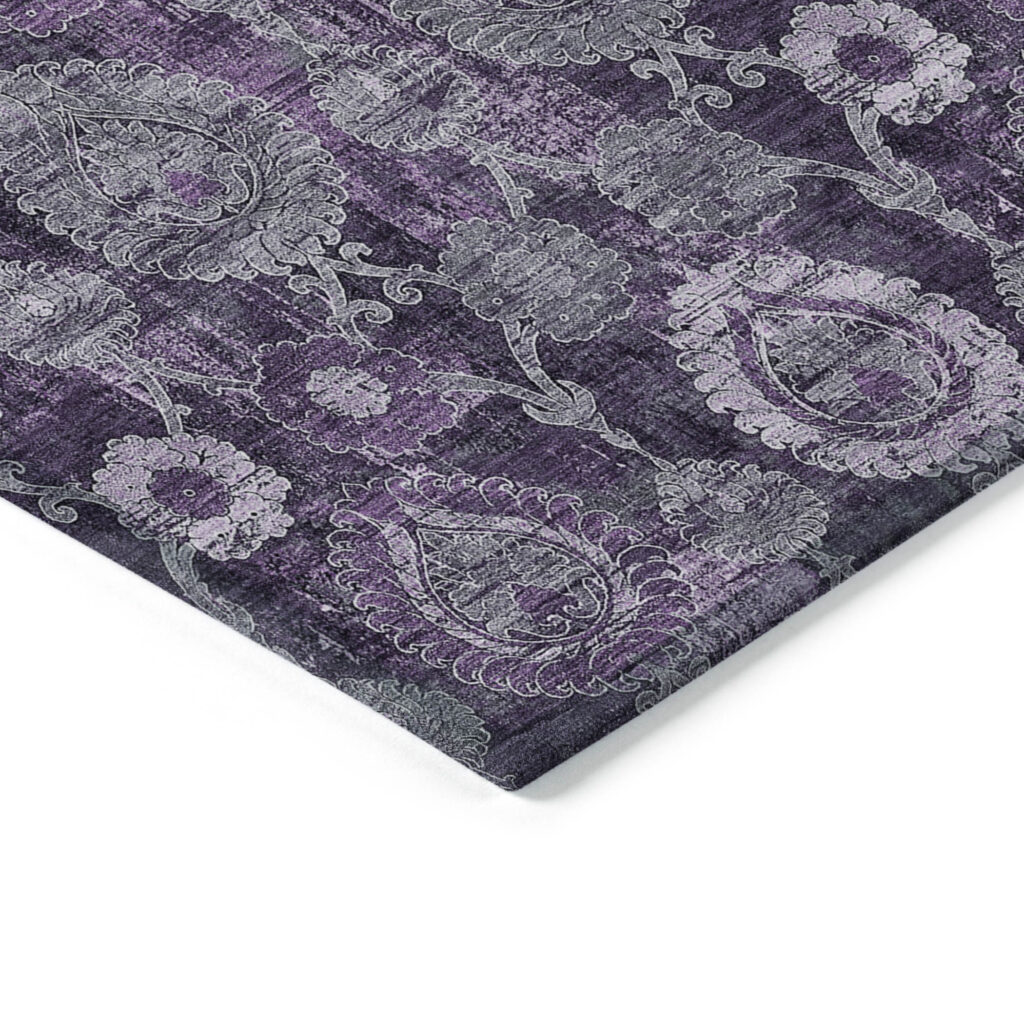 8' X 10' Eggplant Purple And Lavender Damask Washable Indoor Outdoor Area Rug