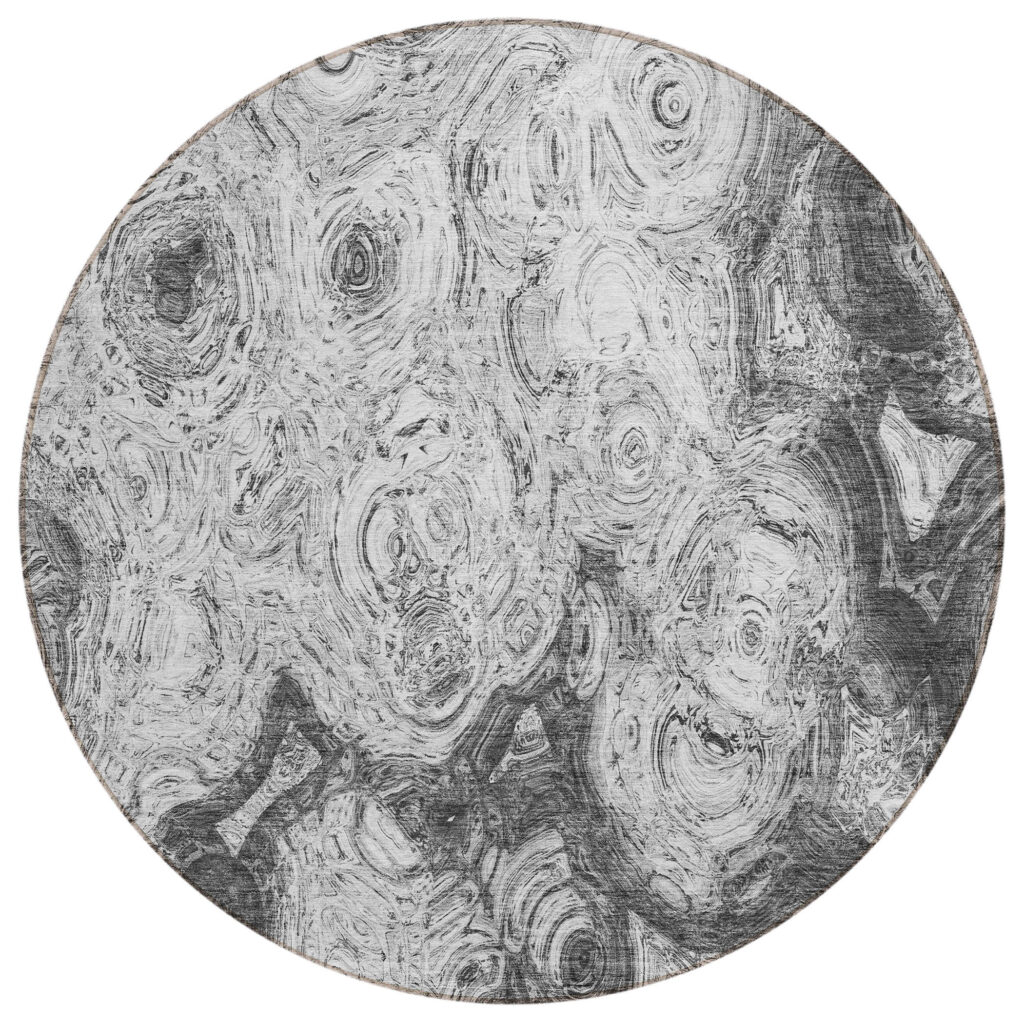 8' Gray Silver And Charcoal Round Abstract Washable Indoor Outdoor Area Rug