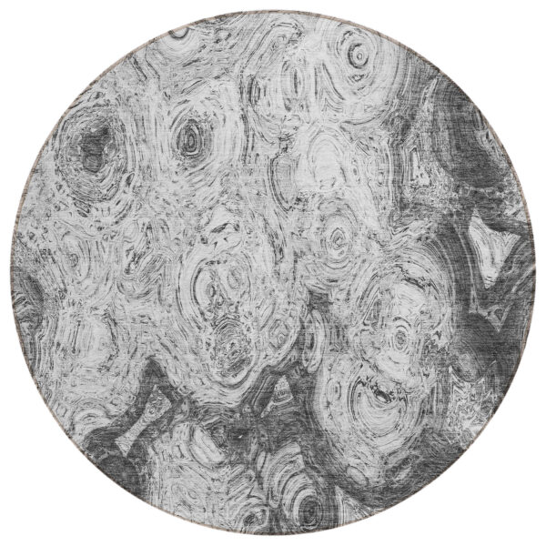 8' Gray Silver And Charcoal Round Abstract Washable Indoor Outdoor Area Rug