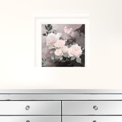 Pink Roses and Butterfly White Framed Print Wall Art