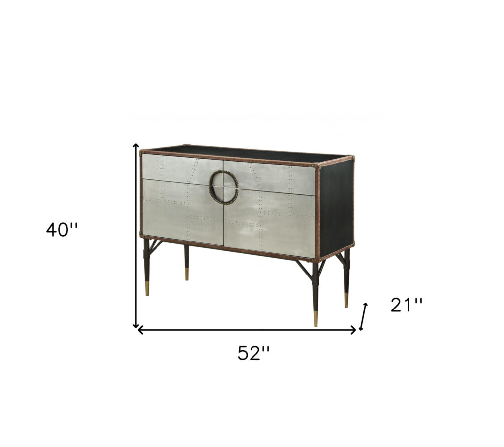 52" Brown Silver and Black Leather And Aluminum Console Table With Two Drawers