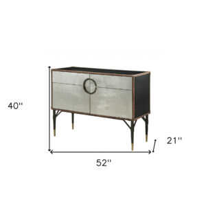 52" Brown Silver and Black Leather And Aluminum Console Table With Two Drawers