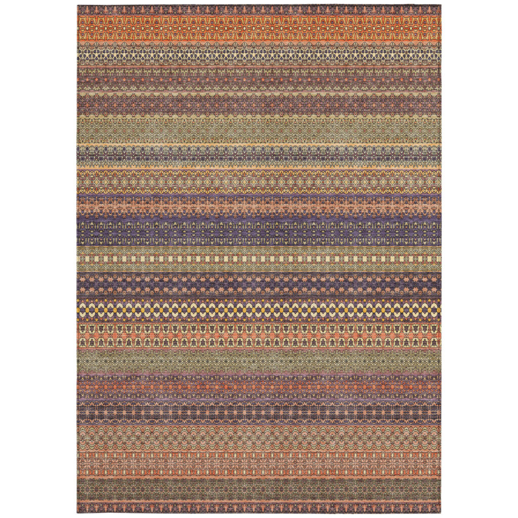 9' X 12' Orange Striped Washable Non Skid Indoor Outdoor Area Rug