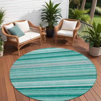 8' X 8' Aqua Round Striped Washable Indoor Outdoor Area Rug