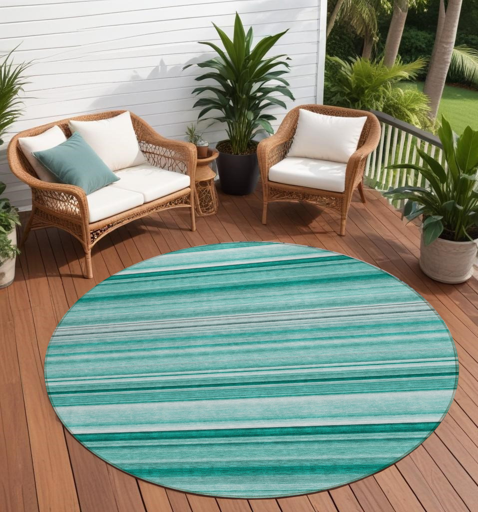 8' X 8' Aqua Round Striped Washable Indoor Outdoor Area Rug