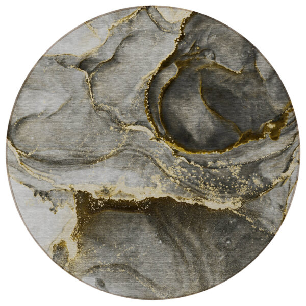 8' Round Gray and Gold Round Abstract Washable Non Skid Indoor Outdoor Area Rug