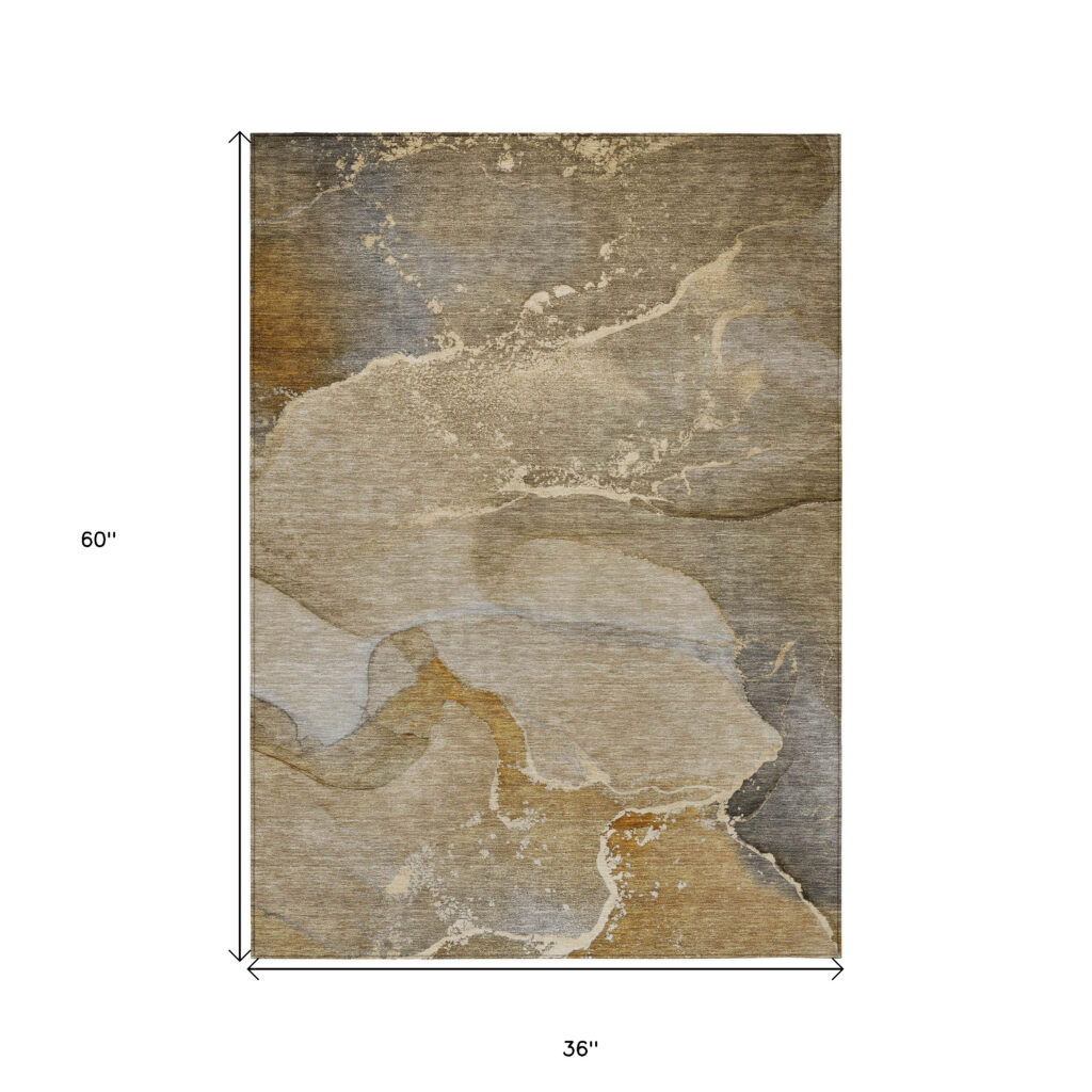 3' X 5' Brown Beige and Gold Abstract Washable Indoor Outdoor Area Rug