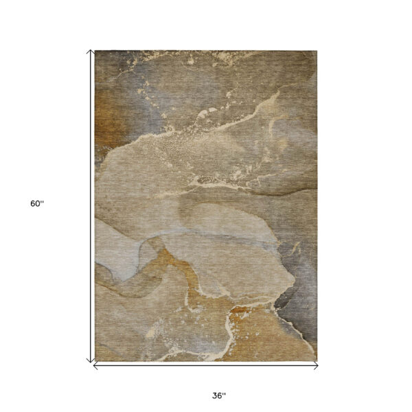 3' X 5' Brown Beige and Gold Abstract Washable Indoor Outdoor Area Rug