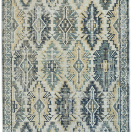 13' X 15' Ivory Green and Blue Aztec Distressed Indoor Outdoor Area Rug