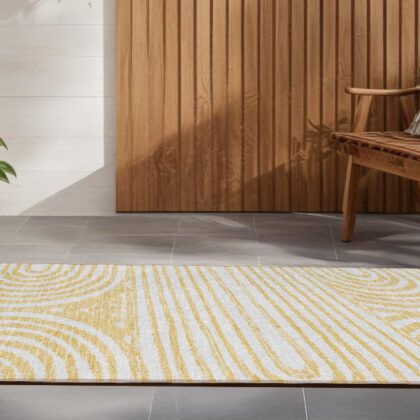 8' Runner Gold and White Abstract Washable Non Skid Indoor Outdoor Runner Rug