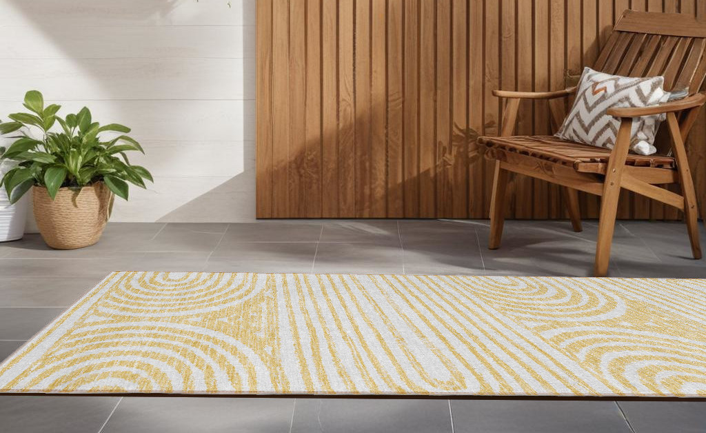 8' Runner Gold and White Abstract Washable Non Skid Indoor Outdoor Runner Rug