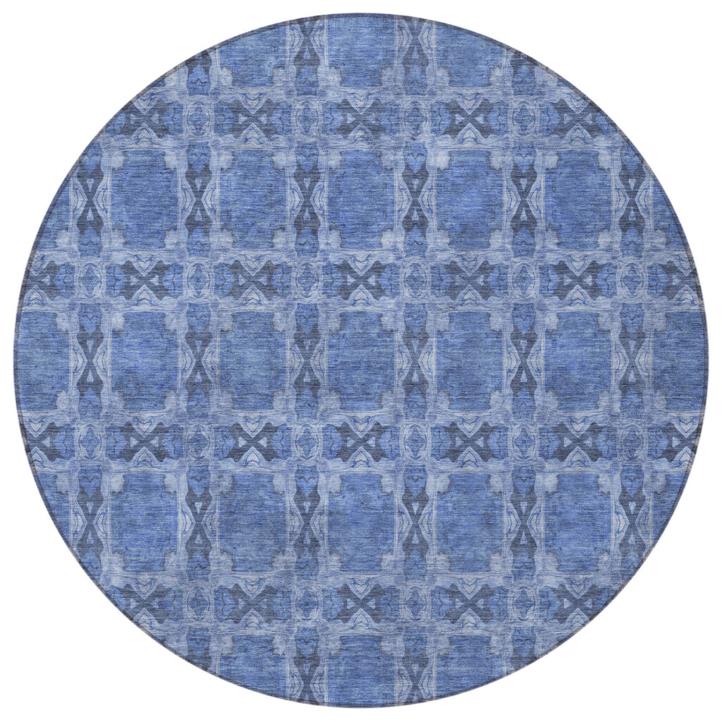 8' Round Denim Blue and Gray Round Floral Medallion Washable Non Skid Indoor Outdoor Area Rug