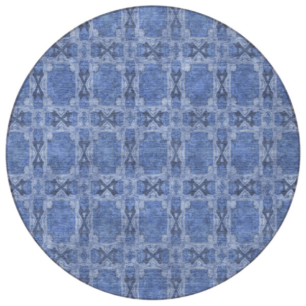 8' Round Denim Blue and Gray Round Floral Medallion Washable Non Skid Indoor Outdoor Area Rug