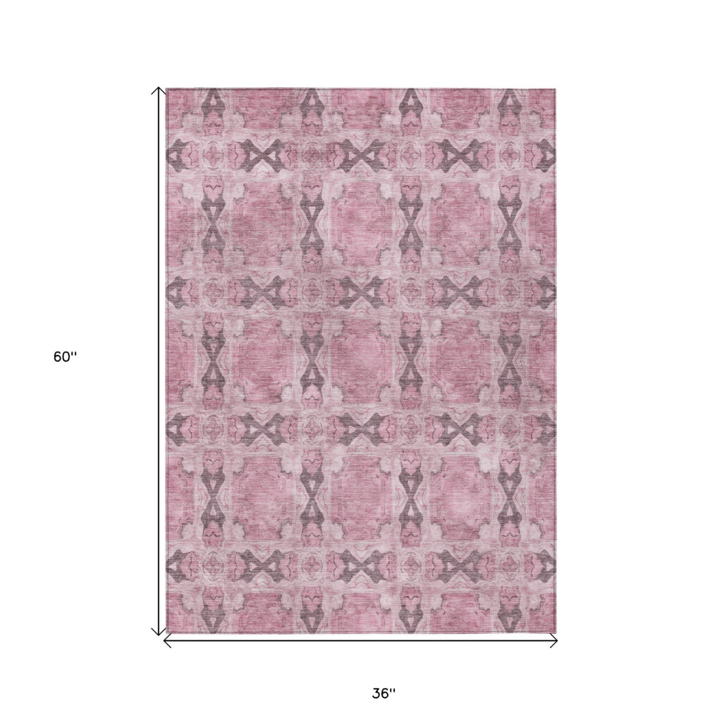 3' X 5' Pink Floral Medallion Washable Non Skid Indoor Outdoor Area Rug