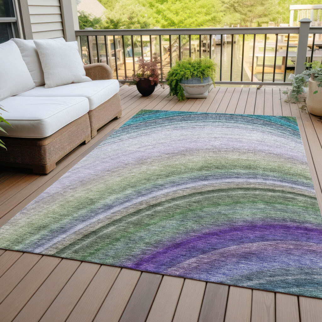 5' X 8' Teal Blue Artichoke Green And Green Abstract Washable Indoor Outdoor Area Rug