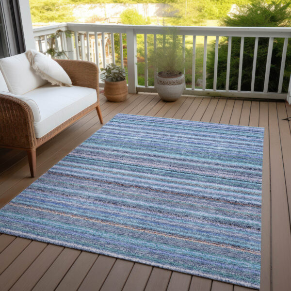 10' X 14' Sky Blue And Navy Blue Striped Washable Indoor Outdoor Area Rug