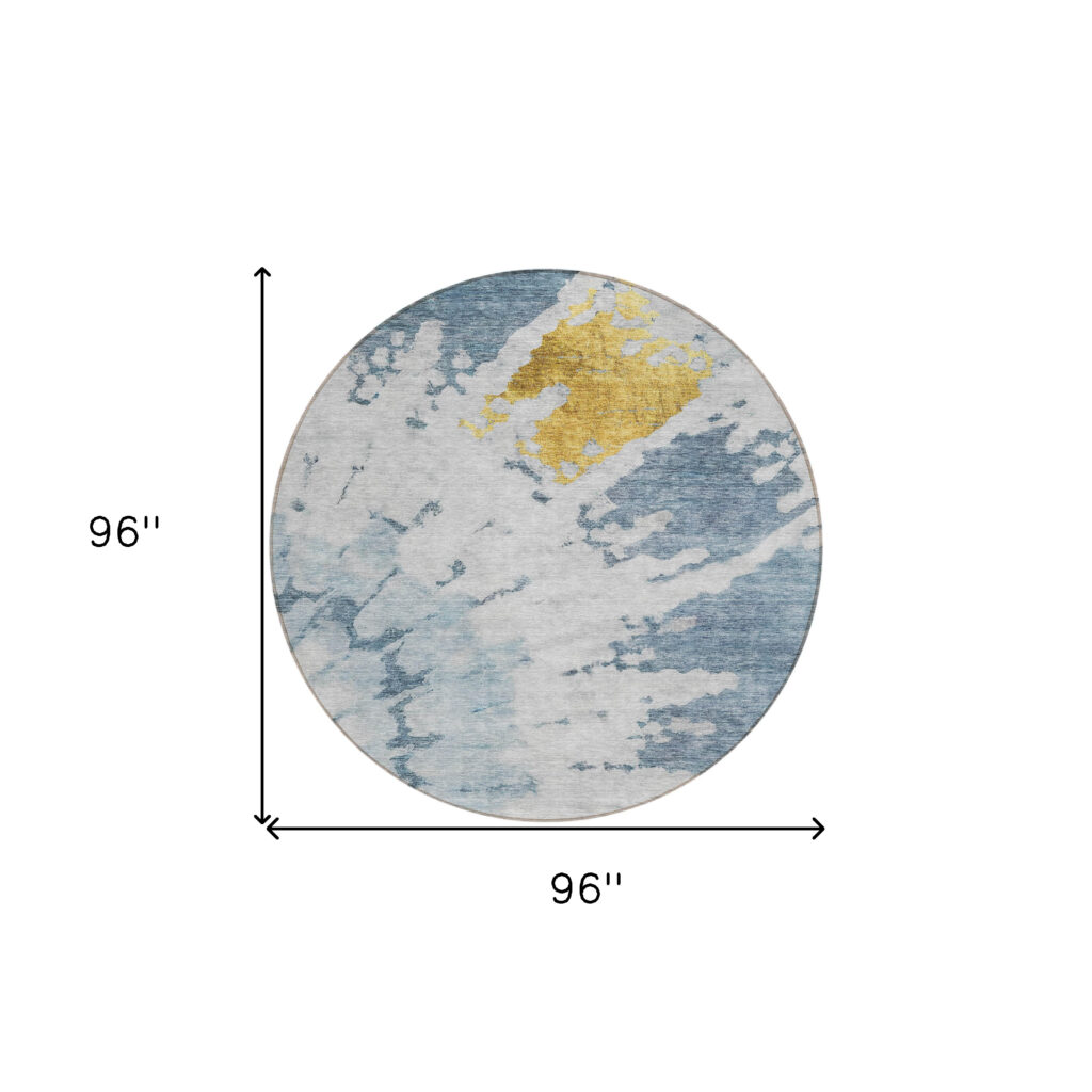 8' Denim Blue And Sky Blue Round Abstract Washable Indoor Outdoor Area Rug