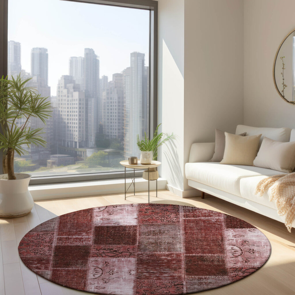 8' Burgundy Merlot And Blush Round Patchwork Washable Indoor Outdoor Area Rug