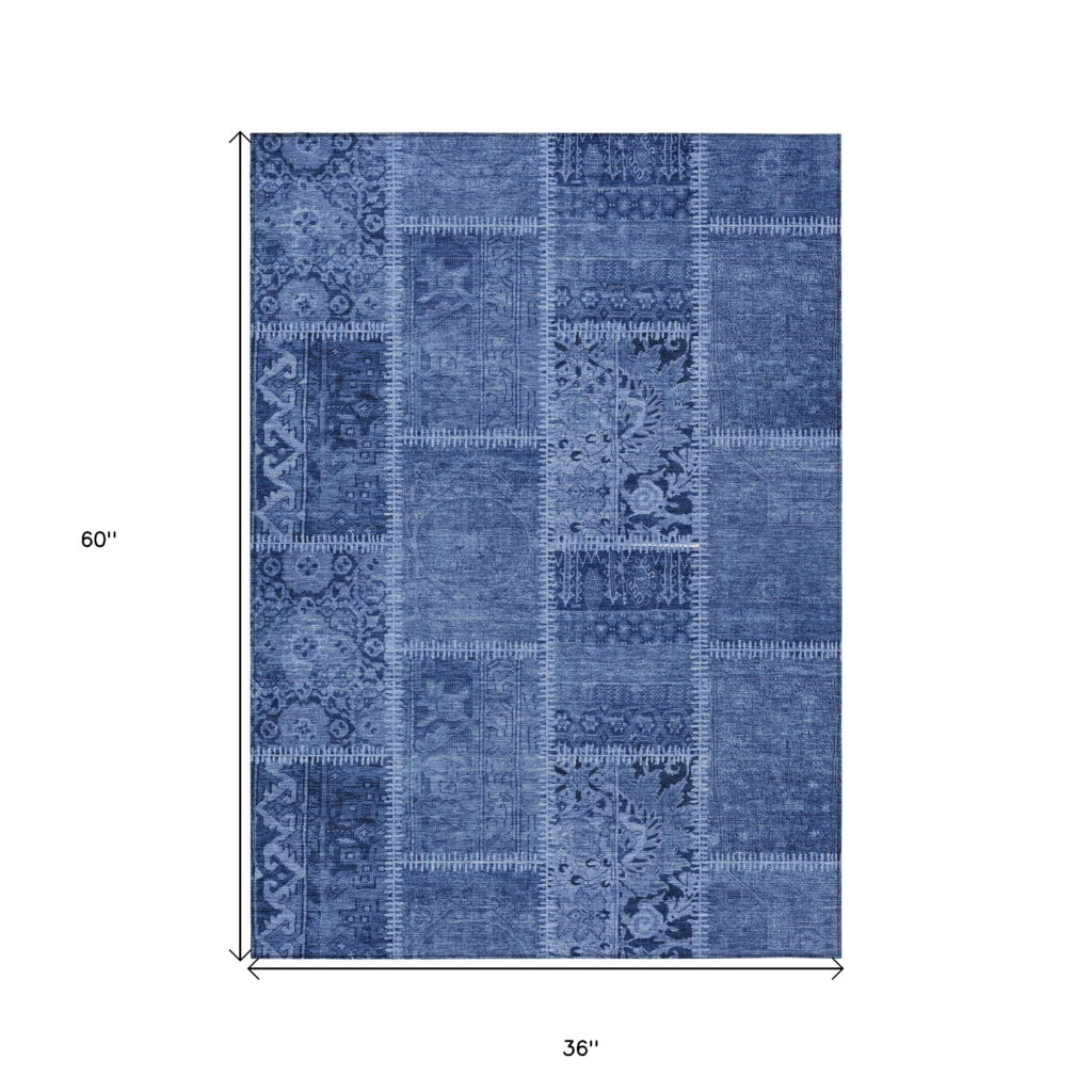 3' X 5' Navy Blue And Denim Blue Patchwork Washable Indoor Outdoor Area Rug