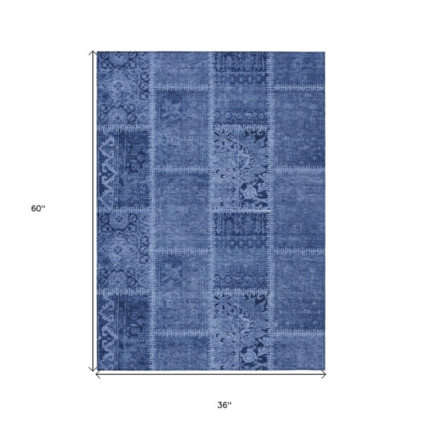 3' X 5' Navy Blue And Denim Blue Patchwork Washable Indoor Outdoor Area Rug