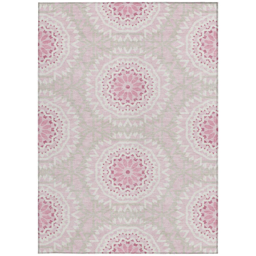 10' X 14' Pink Blush And Ivory Floral Medallion Washable Indoor Outdoor Area Rug