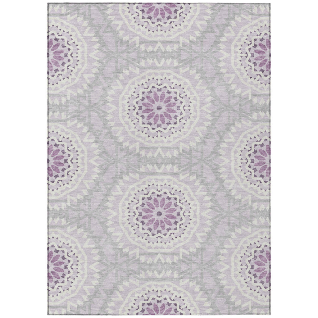 8' X 10' Lilac Purple And Ivory Floral Medallion Washable Indoor Outdoor Area Rug