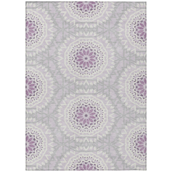 8' X 10' Lilac Purple And Ivory Floral Medallion Washable Indoor Outdoor Area Rug