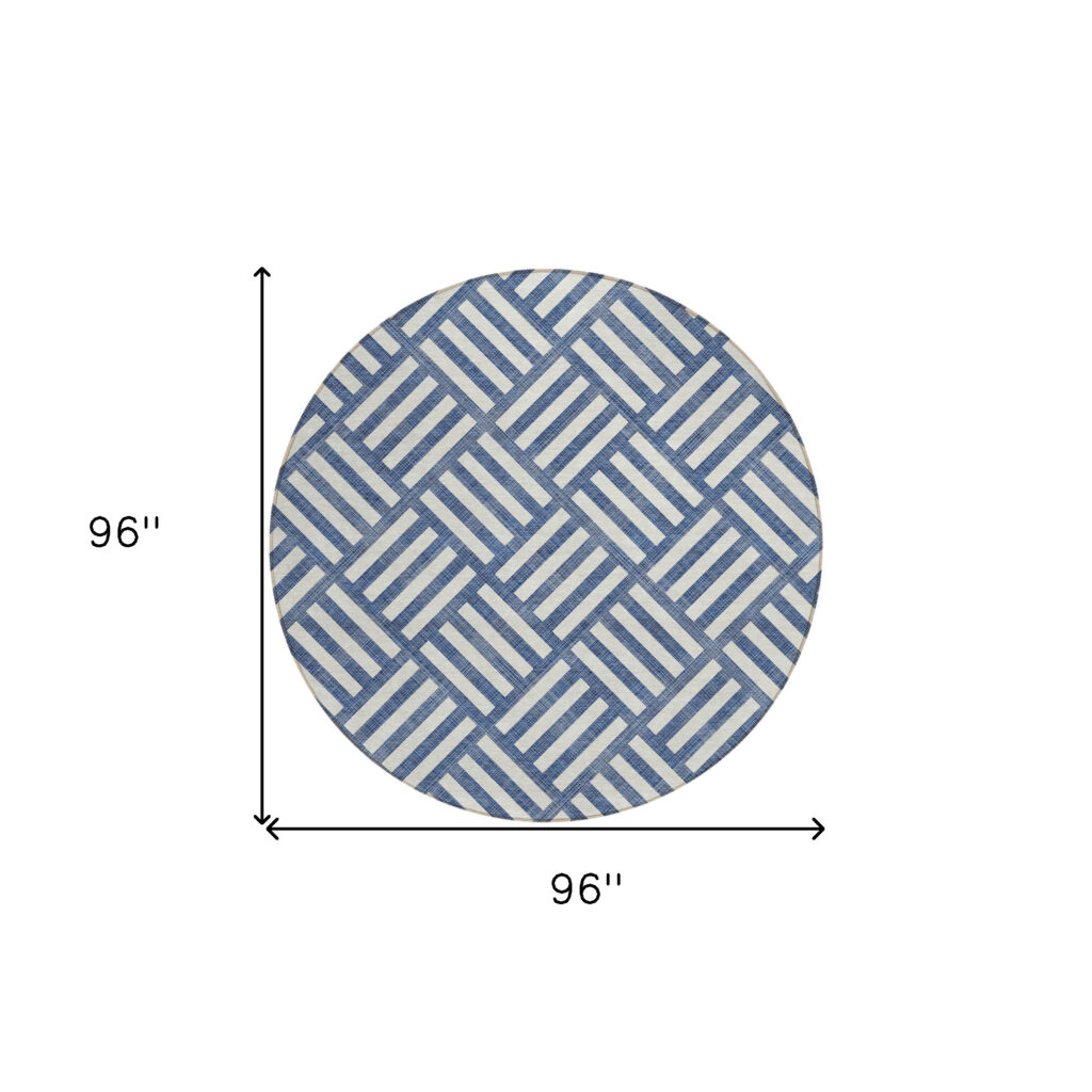8' Navy Blue And Ivory Round Geometric Washable Indoor Outdoor Area Rug