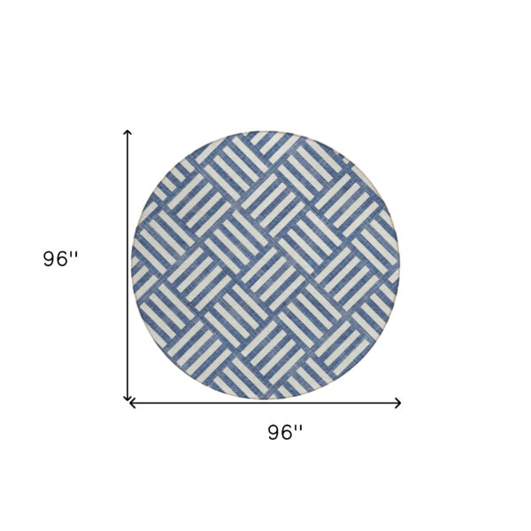 8' Navy Blue And Ivory Round Geometric Washable Indoor Outdoor Area Rug