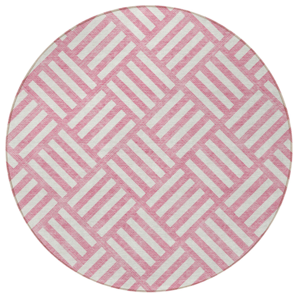8' Pink And Ivory Round Geometric Washable Indoor Outdoor Area Rug