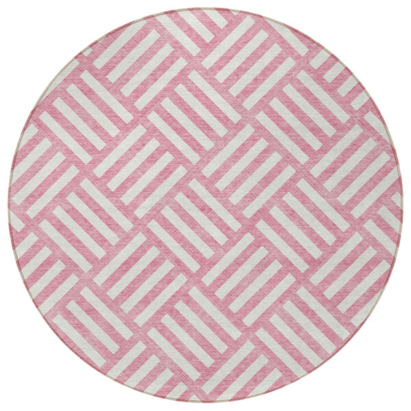 8' Pink And Ivory Round Geometric Washable Indoor Outdoor Area Rug