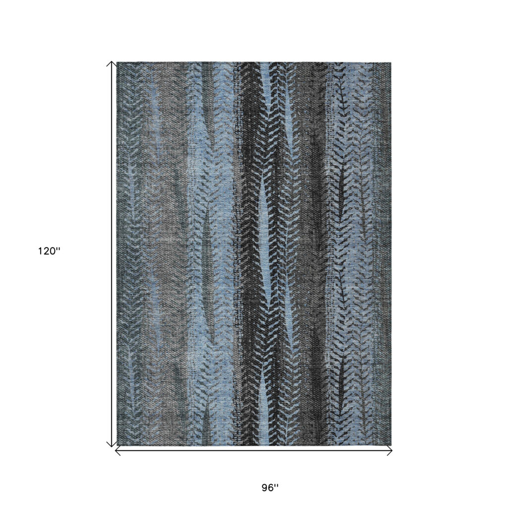 8' X 10' Blue Gray And Charcoal Botanical Leaves Washable Indoor Outdoor Area Rug