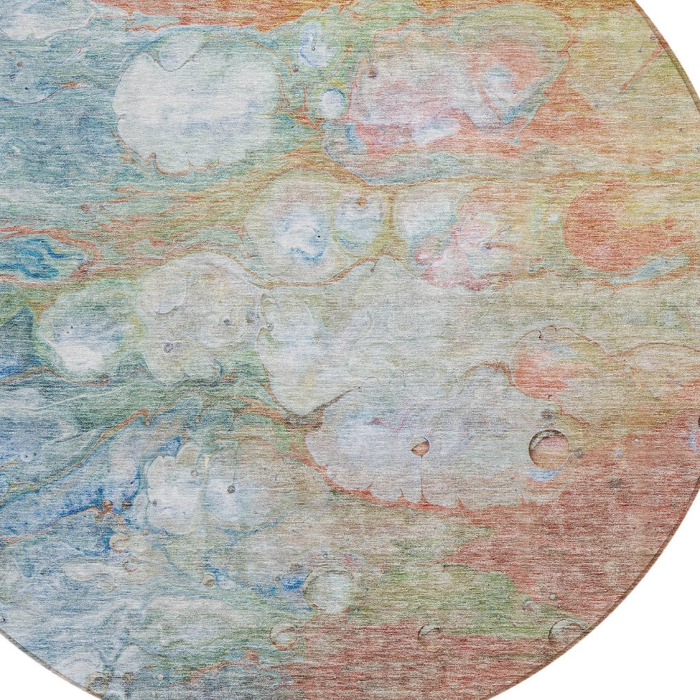 8' Copper Blue And Artichoke Green Round Abstract Washable Indoor Outdoor Area Rug