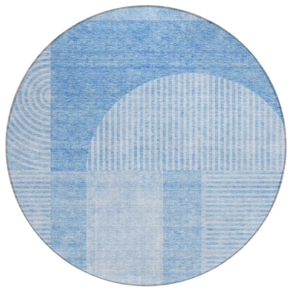8' Sky Blue And Denim Blue Round Geometric Washable Indoor Outdoor Area Rug