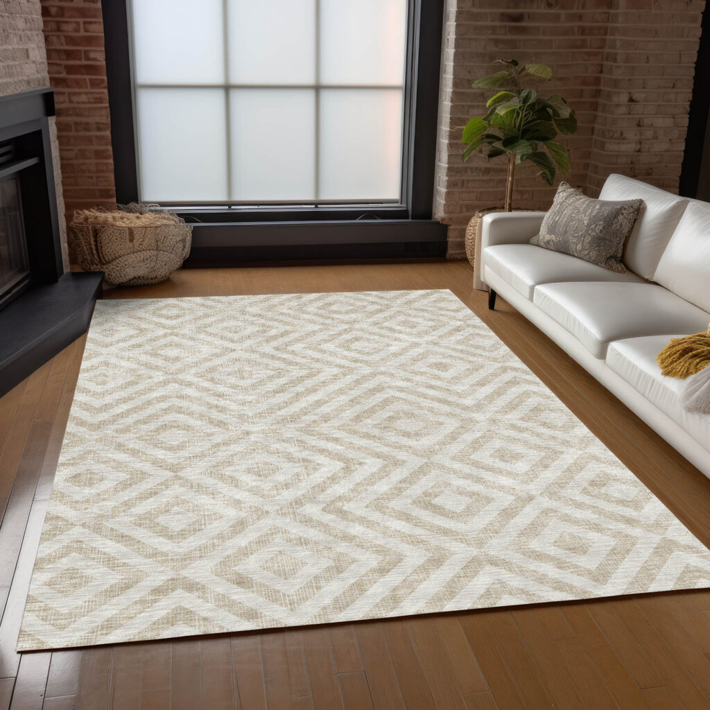 3' X 5' Ivory And Beige Geometric Washable Indoor Outdoor Area Rug