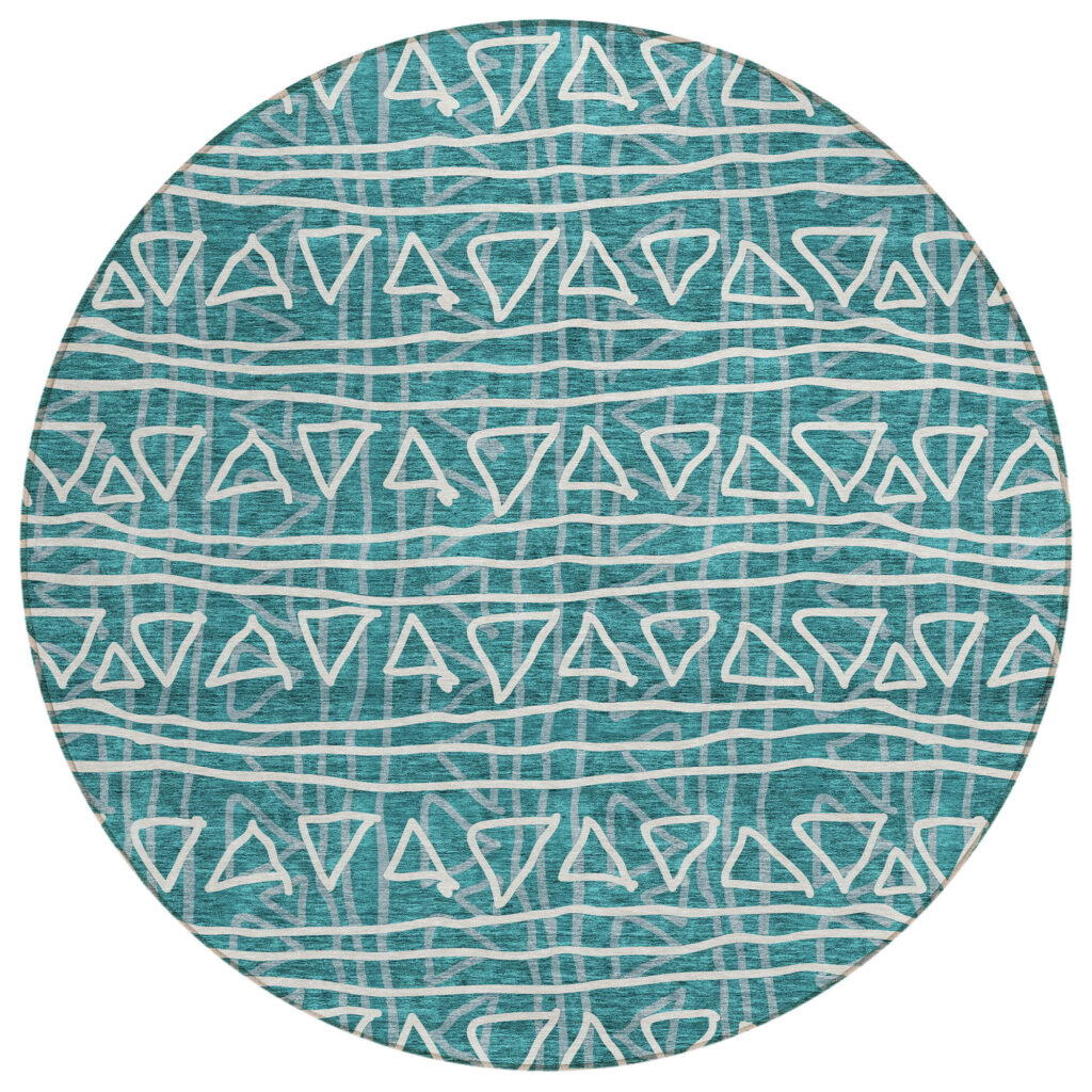 8' Teal Blue And Ivory Round Geometric Washable Indoor Outdoor Area Rug