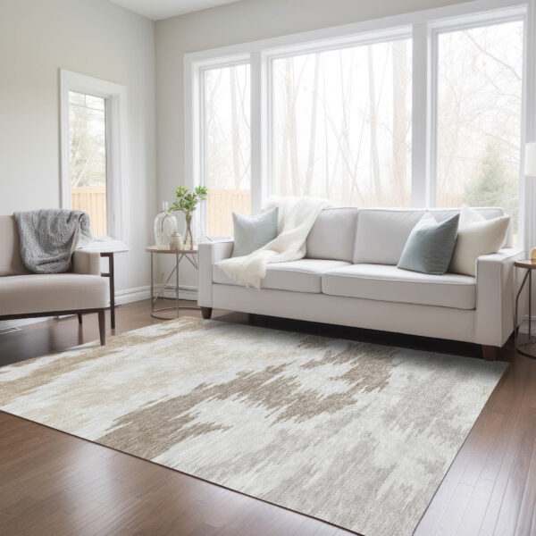 9' X 12' Ivory Beige And Brown Abstract Washable Indoor Outdoor Area Rug