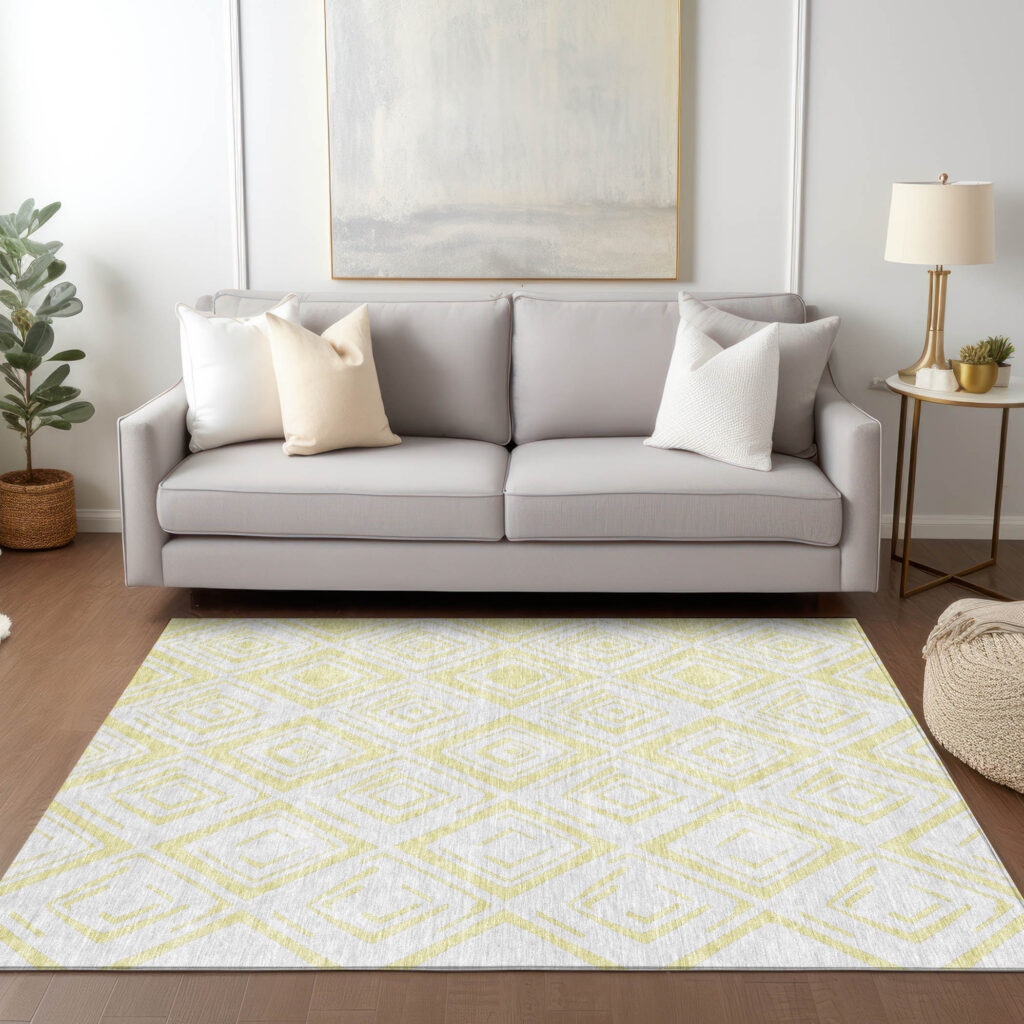 10' X 14' Yellow And Ivory Geometric Washable Indoor Outdoor Area Rug