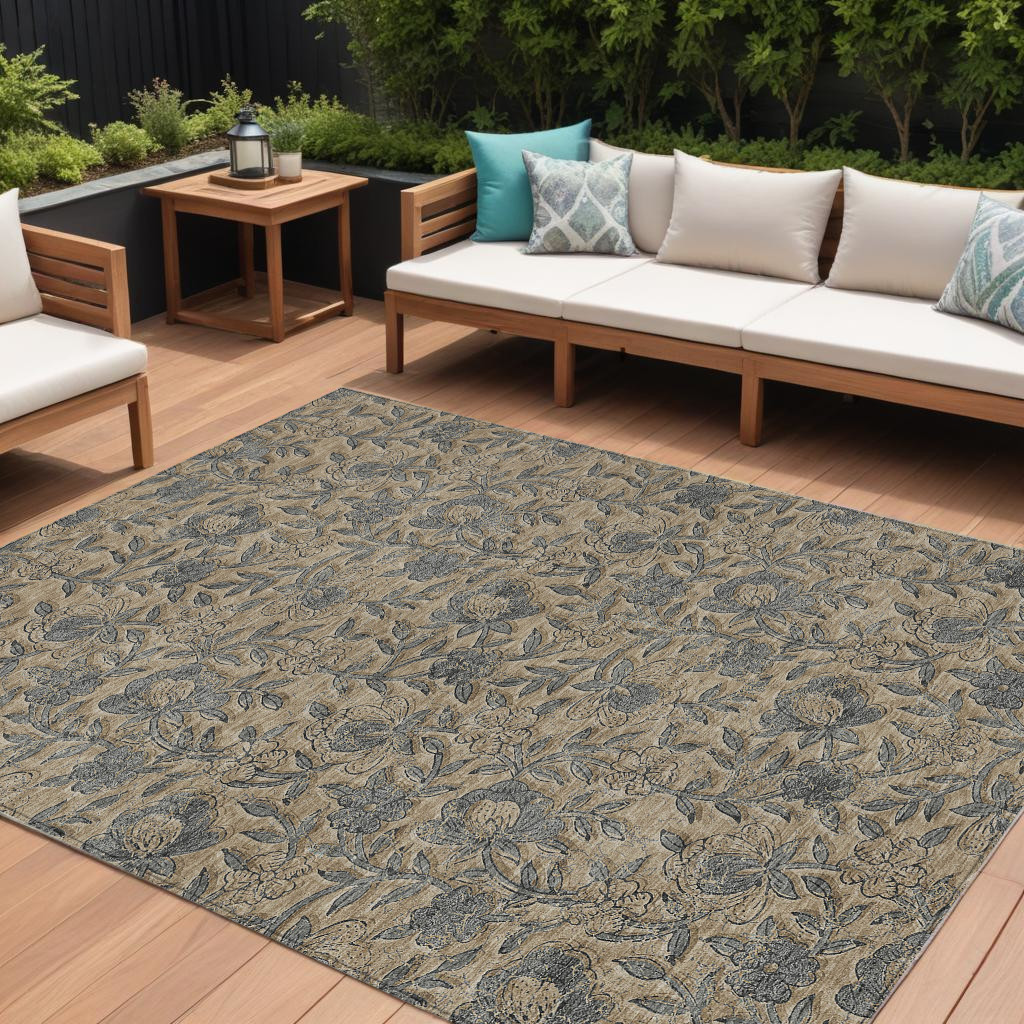 9' X 12' Khaki Beige And Gray Floral Washable Indoor Outdoor Area Rug
