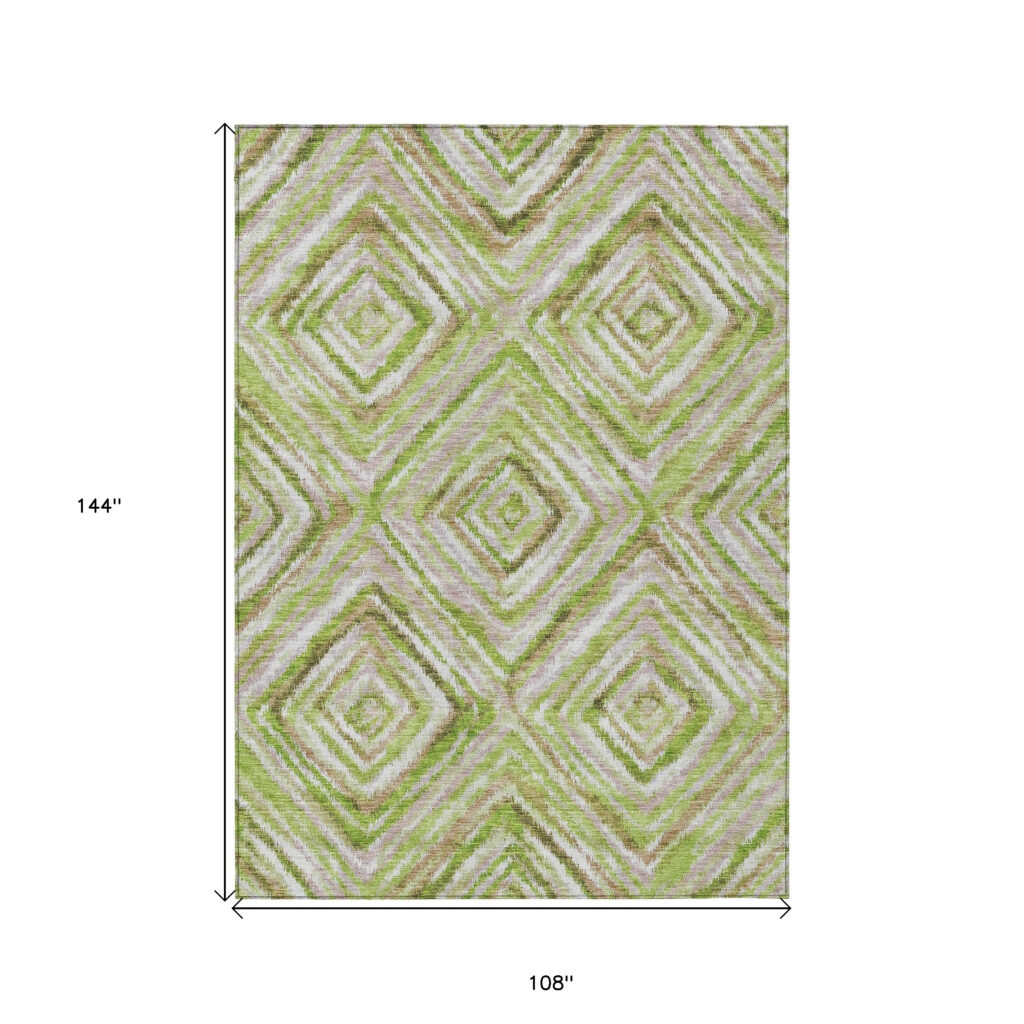 9' X 12' Artichoke Green And Brown Geometric Washable Indoor Outdoor Area Rug