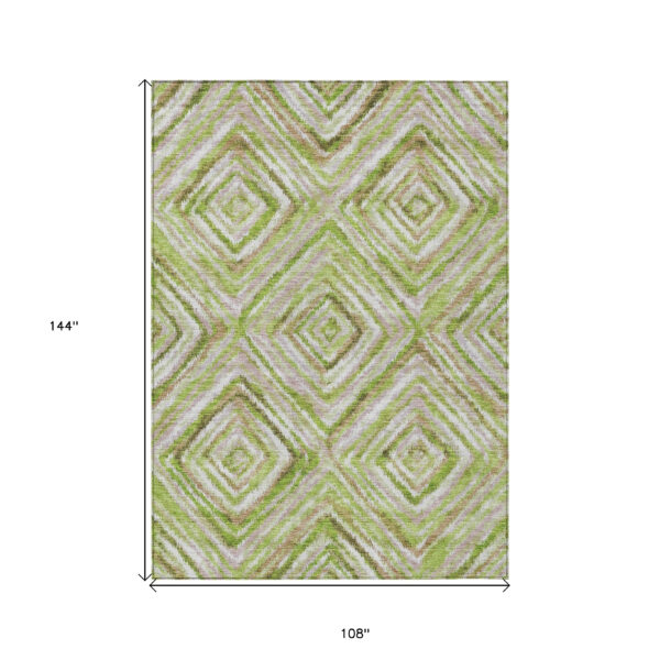 9' X 12' Artichoke Green And Brown Geometric Washable Indoor Outdoor Area Rug