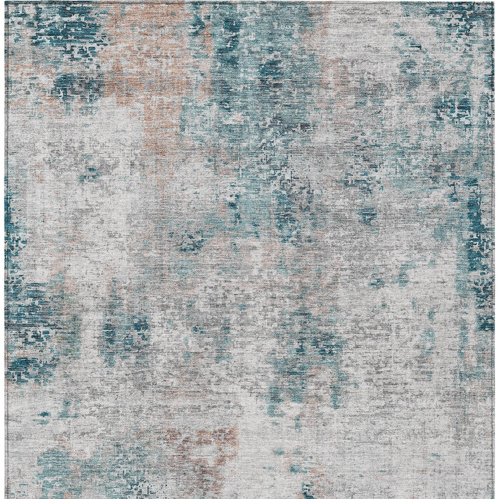 5' X 8' Teal Blue Beige And Copper Abstract Washable Indoor Outdoor Area Rug