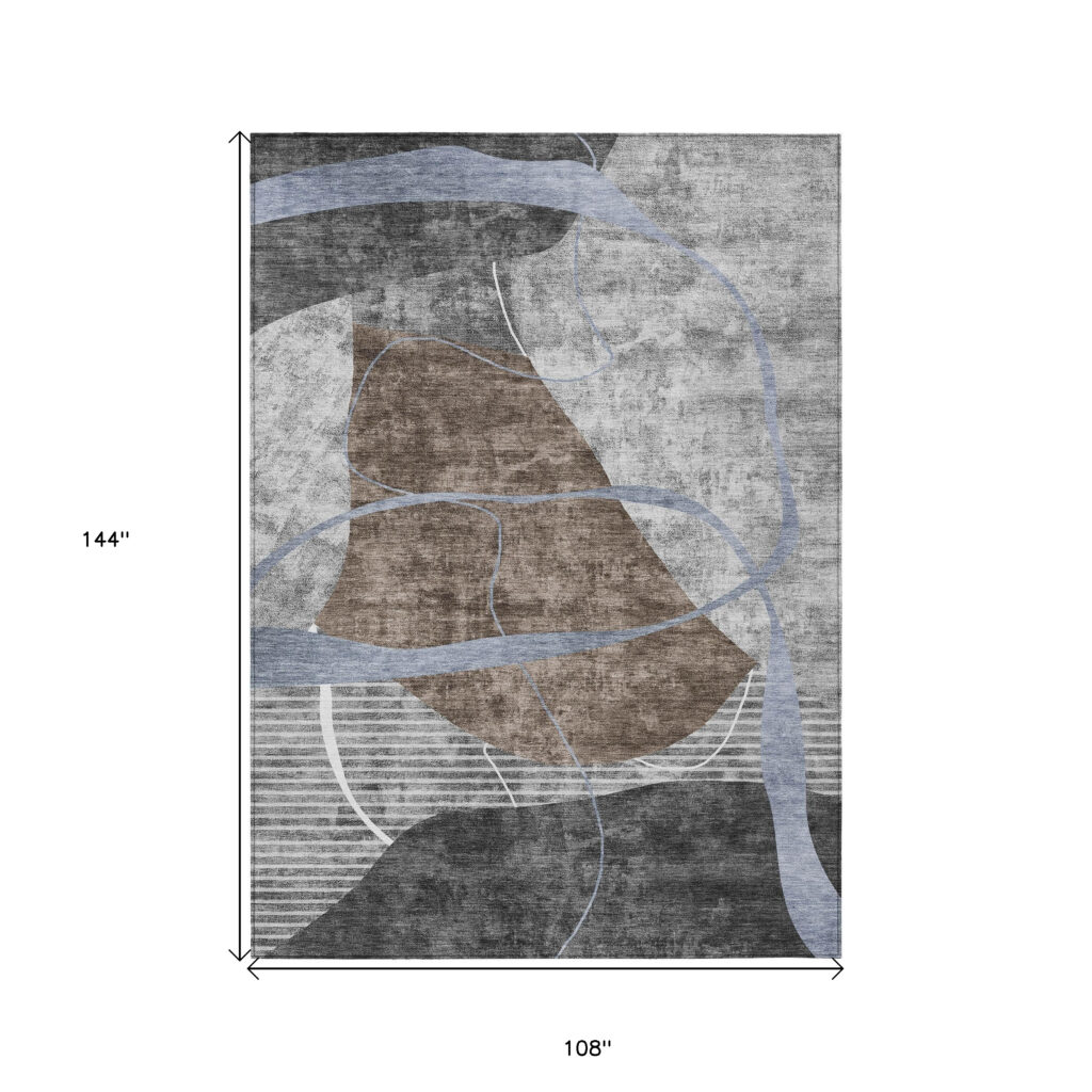 9' X 12' Chocolate Gray And Charcoal Abstract Washable Indoor Outdoor Area Rug