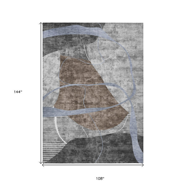 9' X 12' Chocolate Gray And Charcoal Abstract Washable Indoor Outdoor Area Rug