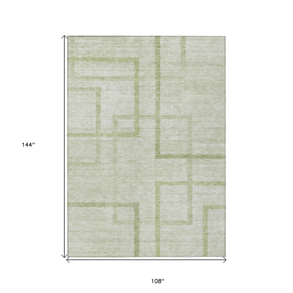 9' X 12' Artichoke Green And Green Geometric Washable Indoor Outdoor Area Rug
