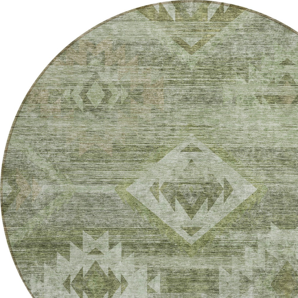 8' Olive Green And Fern Green Round Southwestern Washable Indoor Outdoor Area Rug