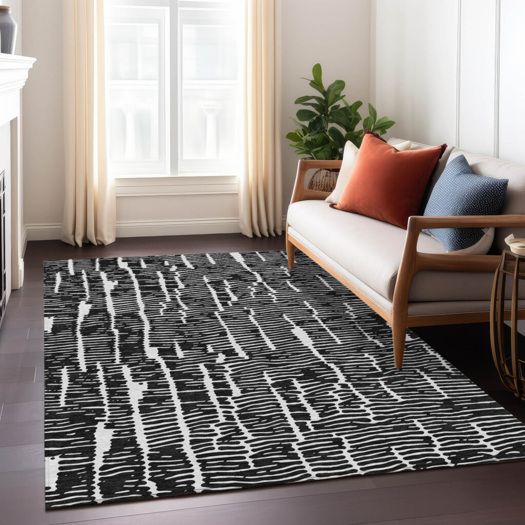 9' X 12' Black And Ivory Abstract Washable Indoor Outdoor Area Rug